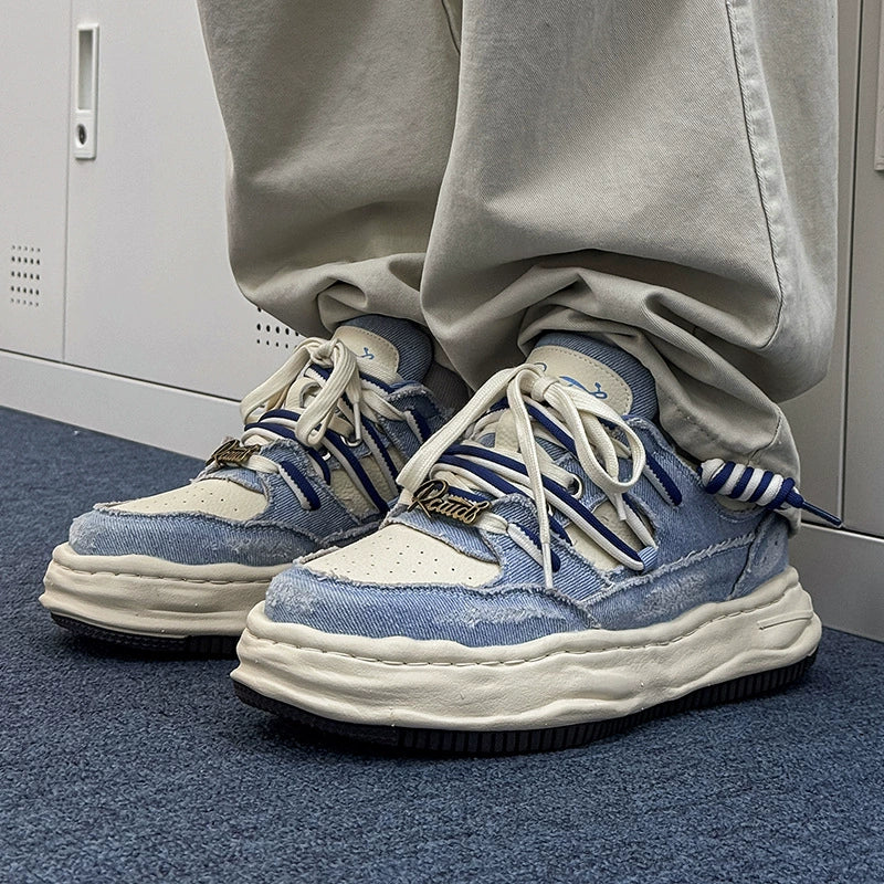 Men's all-season versatile washed denim low-top sneakers