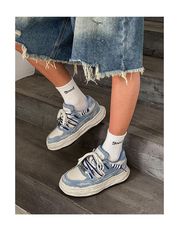 Men's all-season versatile washed denim low-top sneakers